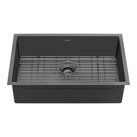 Ruvati Terazza 30” x 19" Gunmetal Matte Black Undermount Stainless Steel Single Bowl Kitchen Sink With Basket Strainer, Bottom Rinse Grid and Drain Assembly