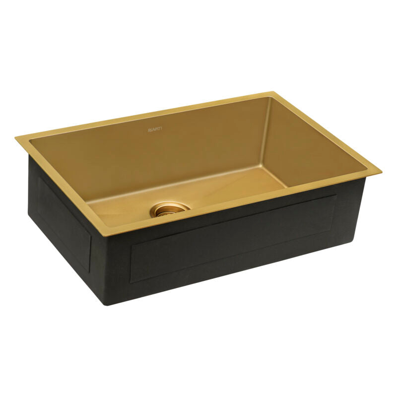 Ruvati Terazza 30” x 19" Satin Brass Matte Gold Undermount Stainless Steel Single Bowl Kitchen Sink With Basket Strainer, Bottom Rinse Grid and Drain Assembly