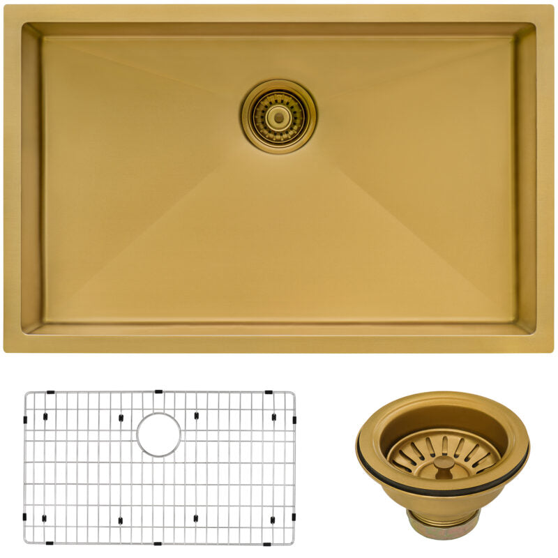 Ruvati Terazza 30” x 19" Satin Brass Matte Gold Undermount Stainless Steel Single Bowl Kitchen Sink With Basket Strainer, Bottom Rinse Grid and Drain Assembly