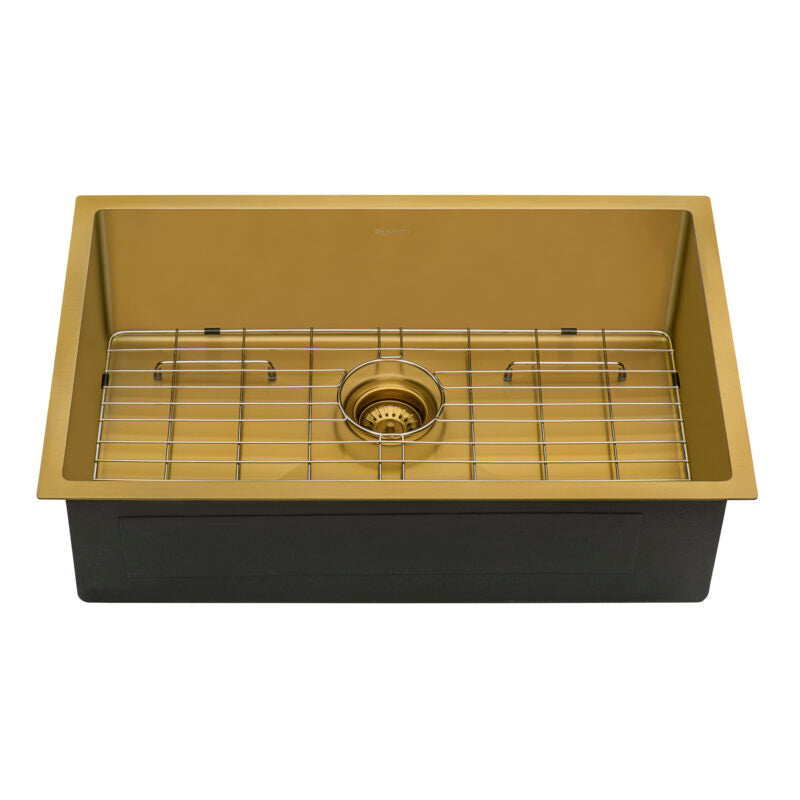 Ruvati Terazza 30” x 19" Satin Brass Matte Gold Undermount Stainless Steel Single Bowl Kitchen Sink With Basket Strainer, Bottom Rinse Grid and Drain Assembly