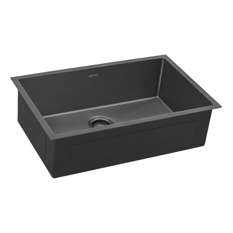 Ruvati Terazza 33” x 19" Gunmetal Matte Black Undermount Stainless Steel Single Bowl Kitchen Sink With Basket Strainer, Bottom Rinse Grid and Drain Assembly