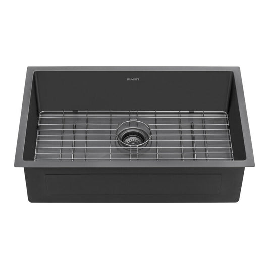 Ruvati Terazza 33” x 19" Gunmetal Matte Black Undermount Stainless Steel Single Bowl Kitchen Sink With Basket Strainer, Bottom Rinse Grid and Drain Assembly