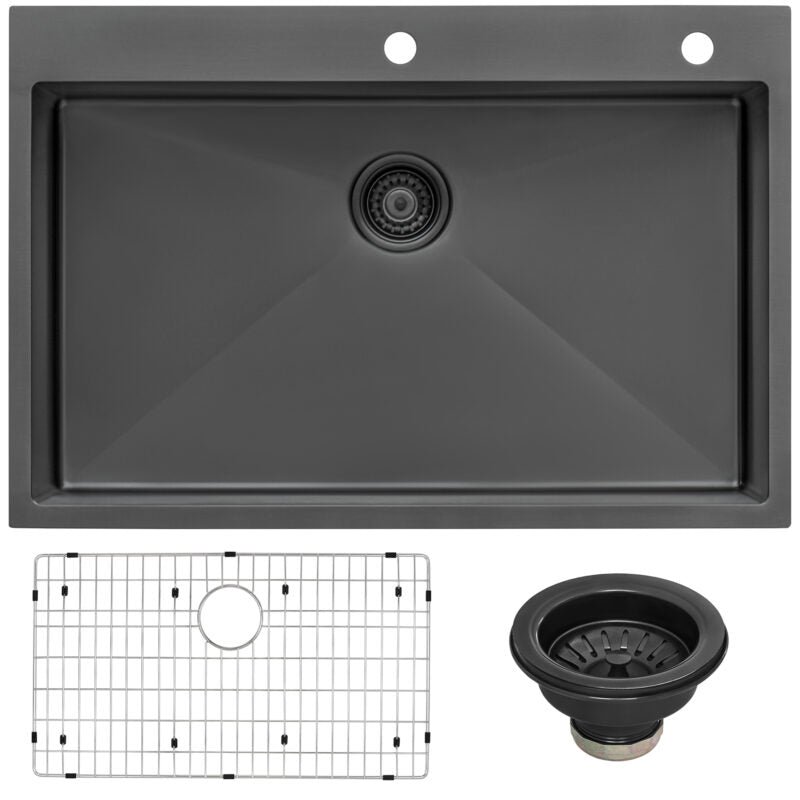 Ruvati Terazza 33” x 22" Gunmetal Matte Black Drop-In Topmount Stainless Steel Single Bowl Kitchen Sink With Basket Strainer, Bottom Rinse Grid and Drain Assembly