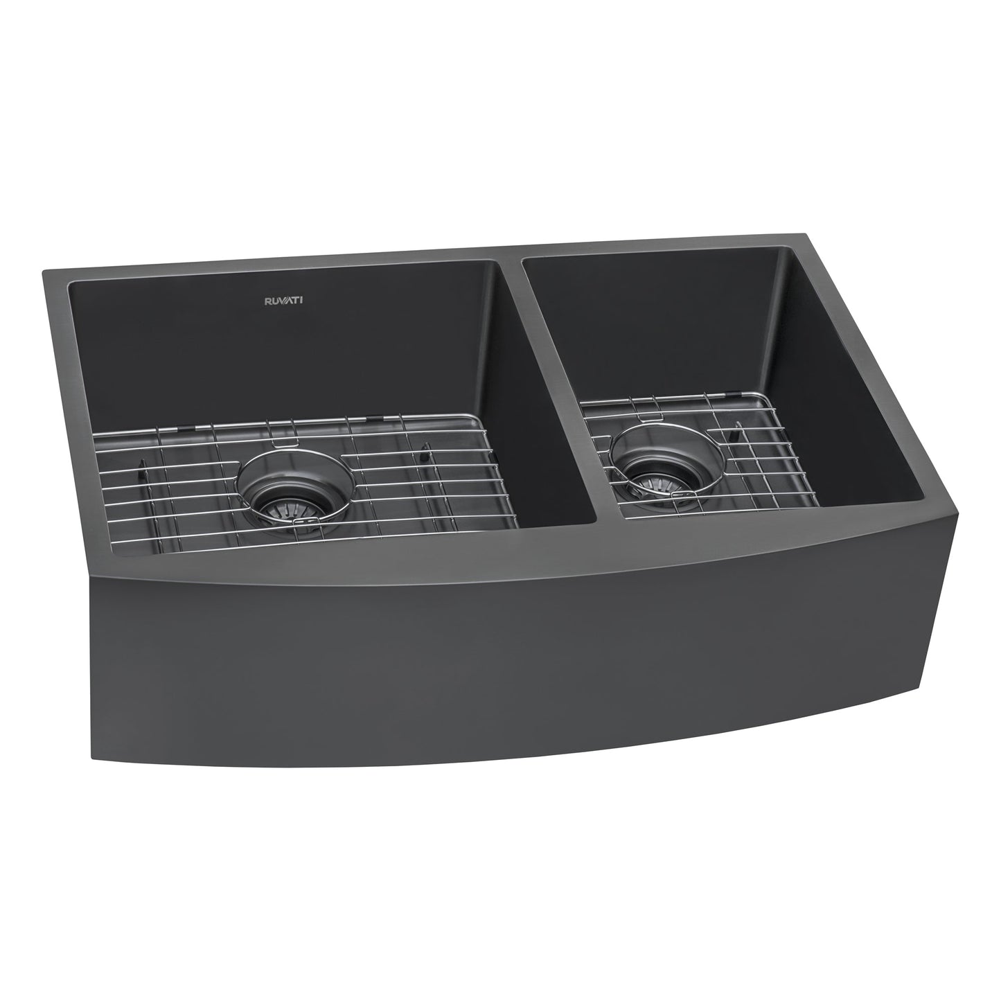 Ruvati Terraza 33" Stainless Steel Gunmetal Black Double Bowl 60/40 Apron-Front Farmhouse Kitchen Sink