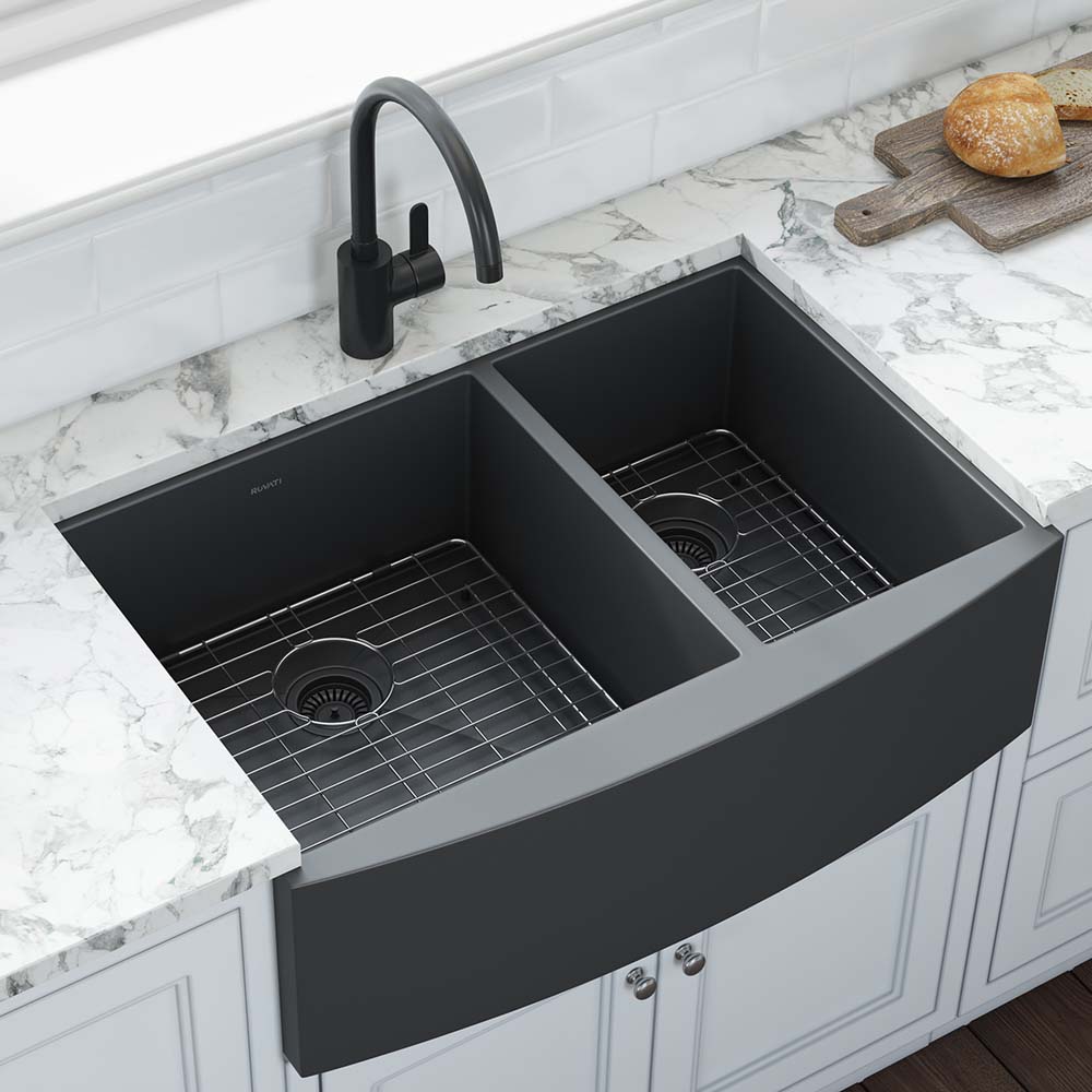 Ruvati Terraza 33" Stainless Steel Gunmetal Black Double Bowl 60/40 Apron-Front Farmhouse Kitchen Sink