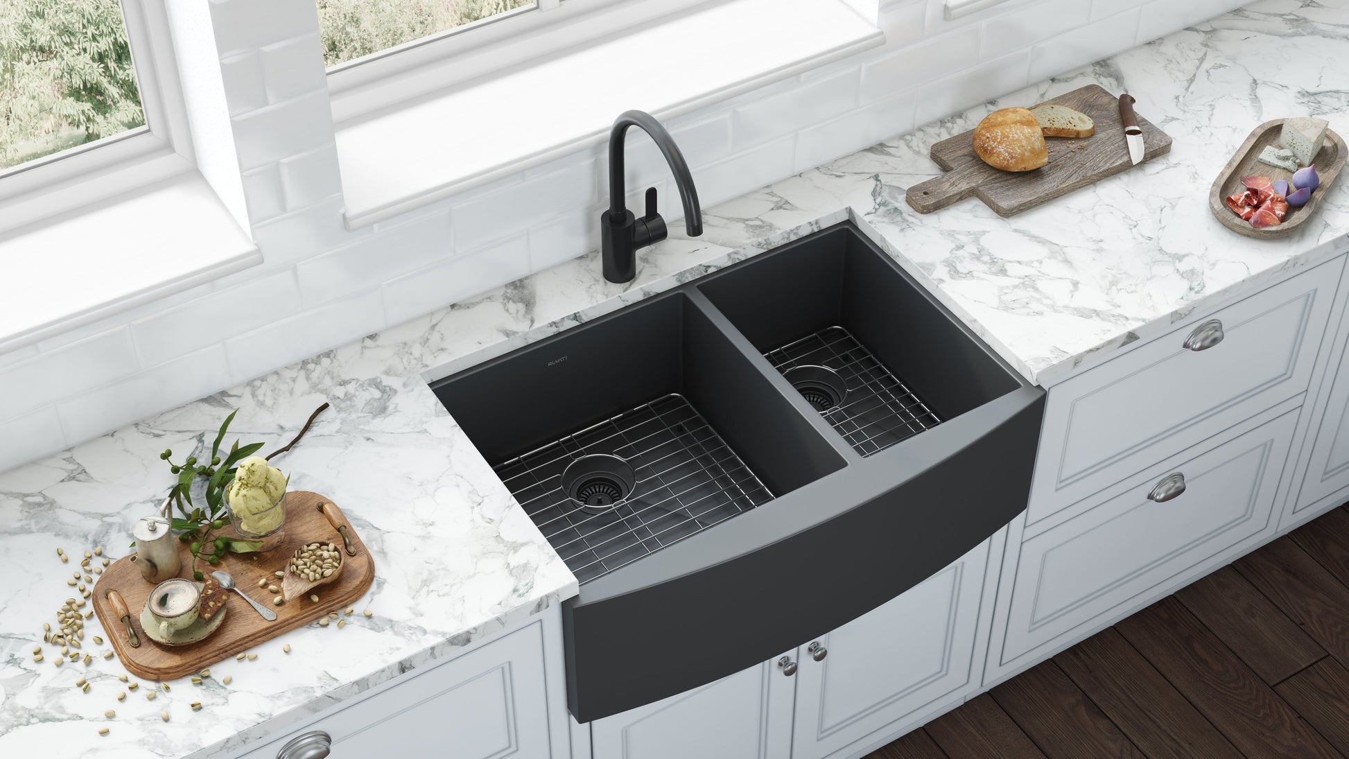 Ruvati Terraza 33" Stainless Steel Gunmetal Black Double Bowl 60/40 Apron-Front Farmhouse Kitchen Sink