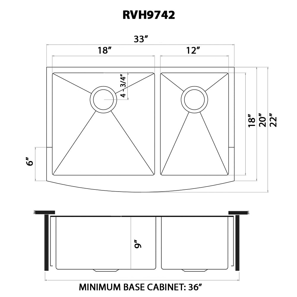 Ruvati Terraza 33" Stainless Steel Gunmetal Black Double Bowl 60/40 Apron-Front Farmhouse Kitchen Sink