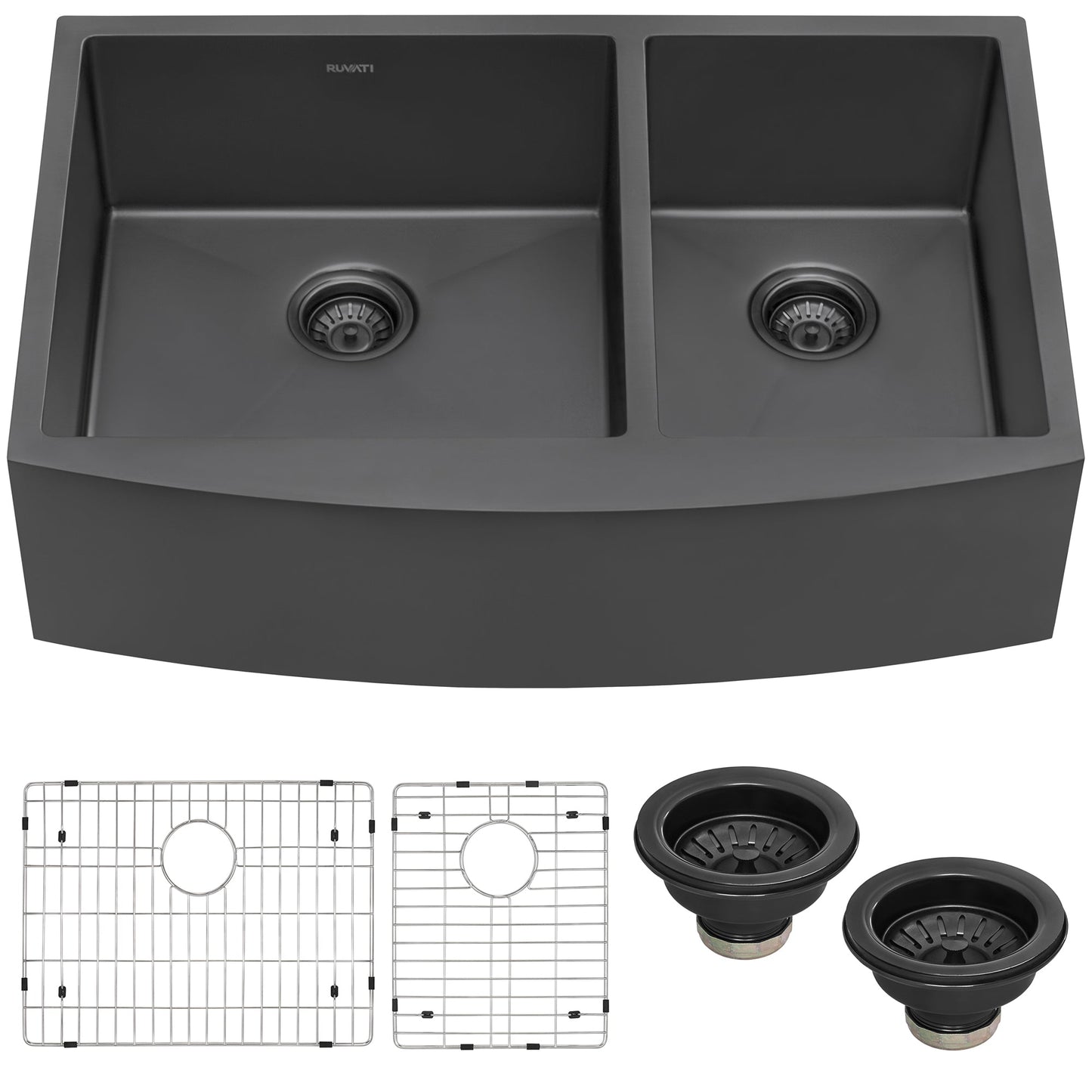 Ruvati Terraza 33" Stainless Steel Gunmetal Black Double Bowl 60/40 Apron-Front Farmhouse Kitchen Sink