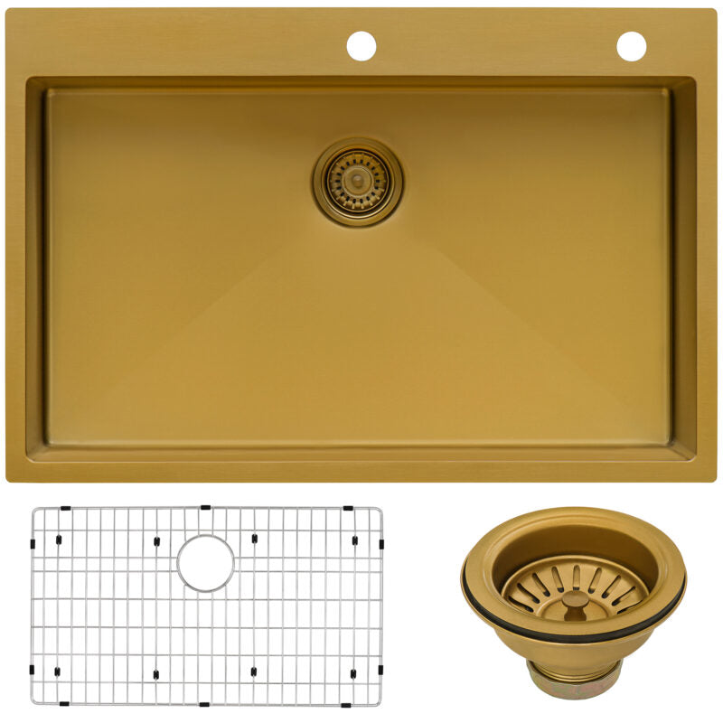 Ruvati Terraza 33” x 22" Satin Brass Matte Gold Drop-In Topmount Stainless Steel Single Bowl Kitchen Sink With Basket Strainer, Bottom Rinse Grid and Drain Assembly