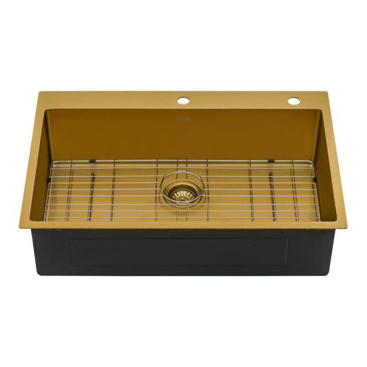 Ruvati Terraza 33” x 22" Satin Brass Matte Gold Drop-In Topmount Stainless Steel Single Bowl Kitchen Sink With Basket Strainer, Bottom Rinse Grid and Drain Assembly