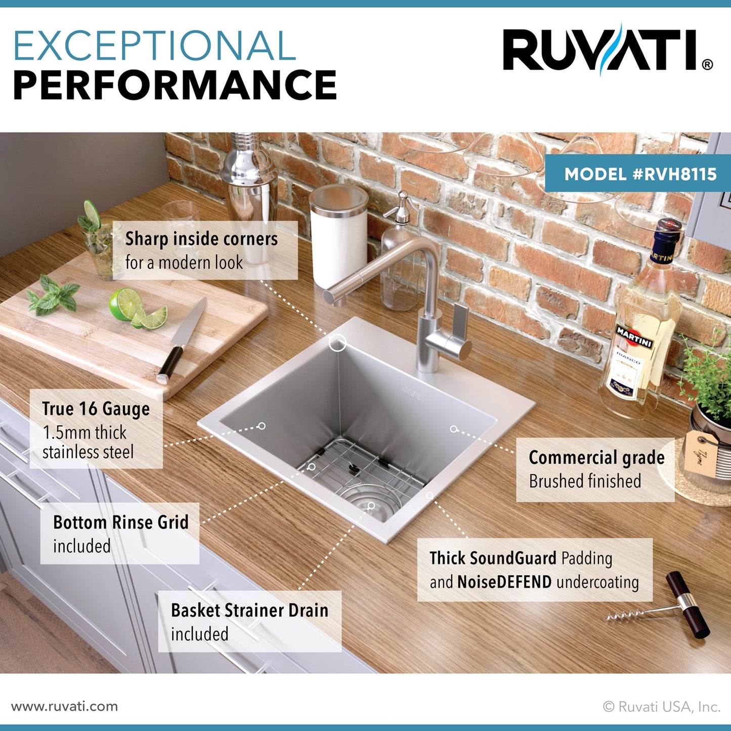 Ruvati Tirana 15” x 15" Drop-In Topmount Stainless Steel Single Bowl Bar Prep Kitchen Sink With Basket Strainer, Bottom Rinse Grid and Drain Assembly