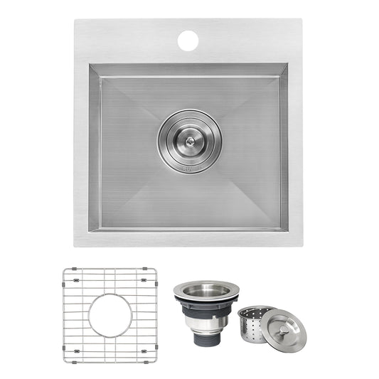 Ruvati Tirana 15” x 15" Drop-In Topmount Stainless Steel Single Bowl Bar Prep Kitchen Sink With Basket Strainer, Bottom Rinse Grid and Drain Assembly
