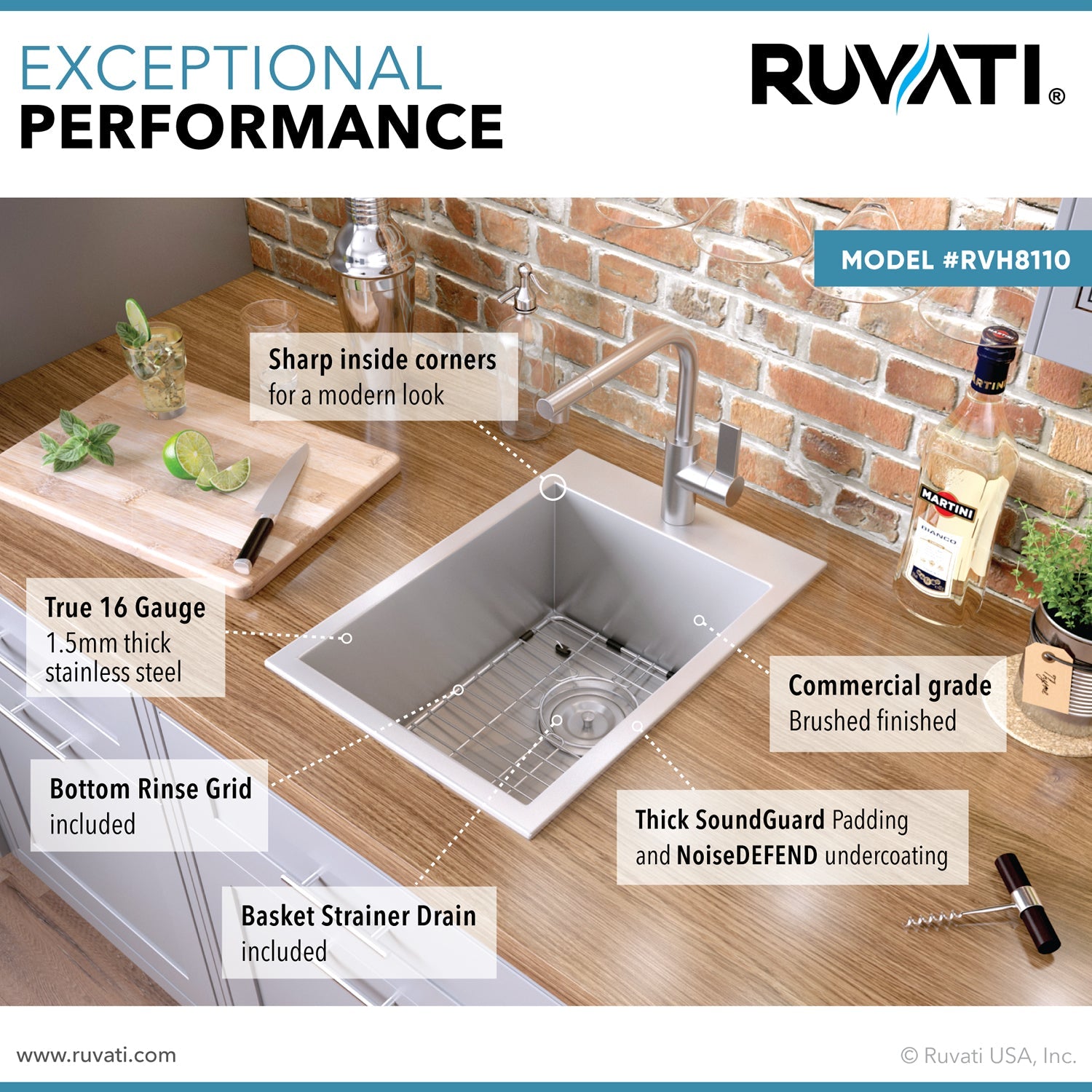 Ruvati Tirana 15” x 20" Drop-In Topmount Stainless Steel Single Bowl Bar Prep Kitchen Sink With Basket Strainer, Bottom Rinse Grid and Drain Assembly