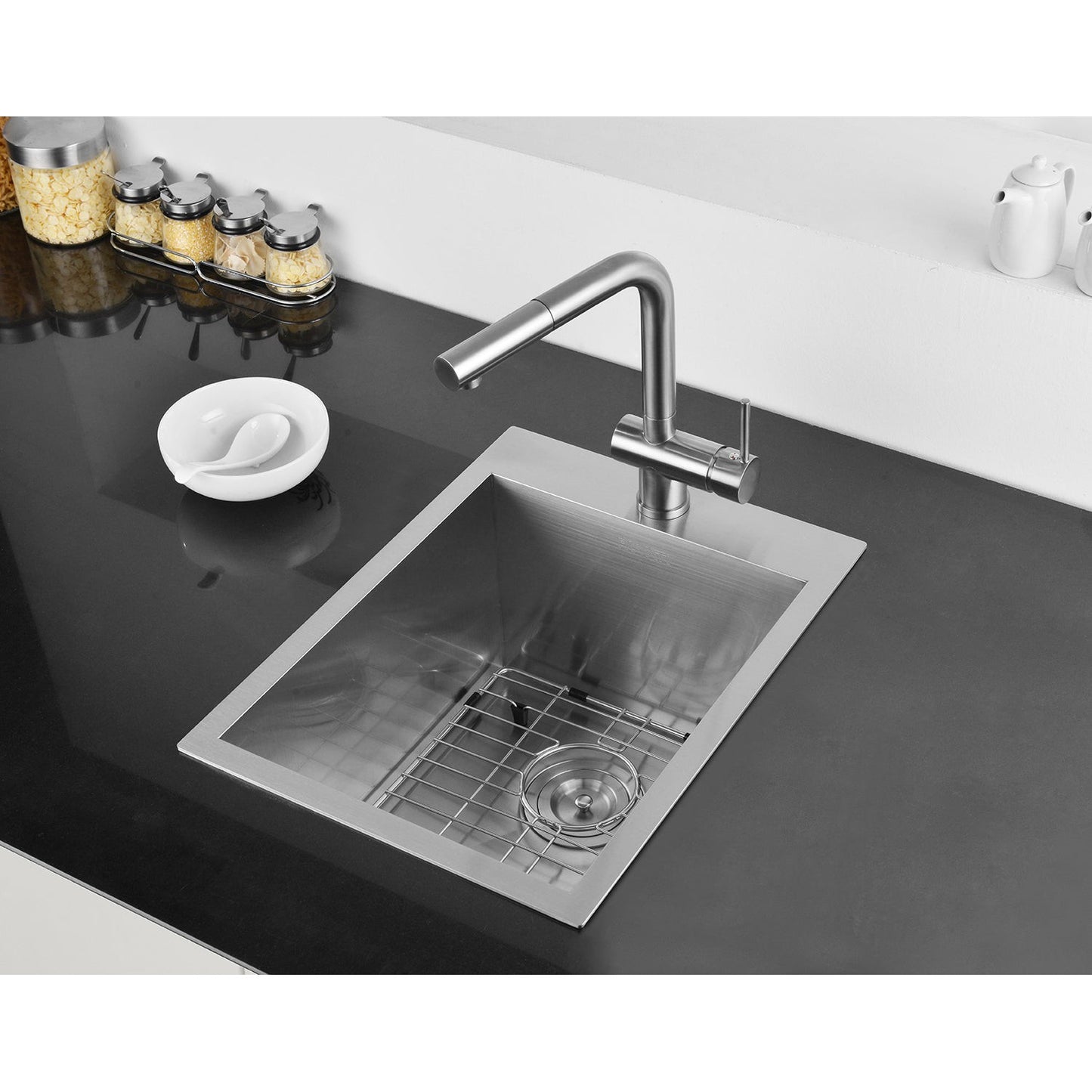 Ruvati Tirana 15” x 20" Drop-In Topmount Stainless Steel Single Bowl Bar Prep Kitchen Sink With Basket Strainer, Bottom Rinse Grid and Drain Assembly