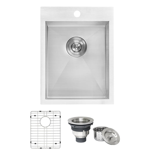 Ruvati Tirana 15” x 20" Drop-In Topmount Stainless Steel Single Bowl Bar Prep Kitchen Sink With Basket Strainer, Bottom Rinse Grid and Drain Assembly