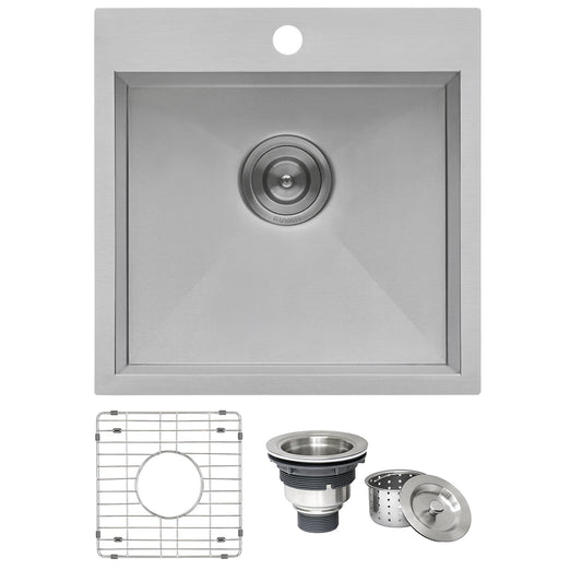 Ruvati Tirana 18” x 18" Drop-In Topmount Stainless Steel Single Bowl Bar Prep Kitchen Sink With Basket Strainer, Bottom Rinse Grid and Drain Assembly
