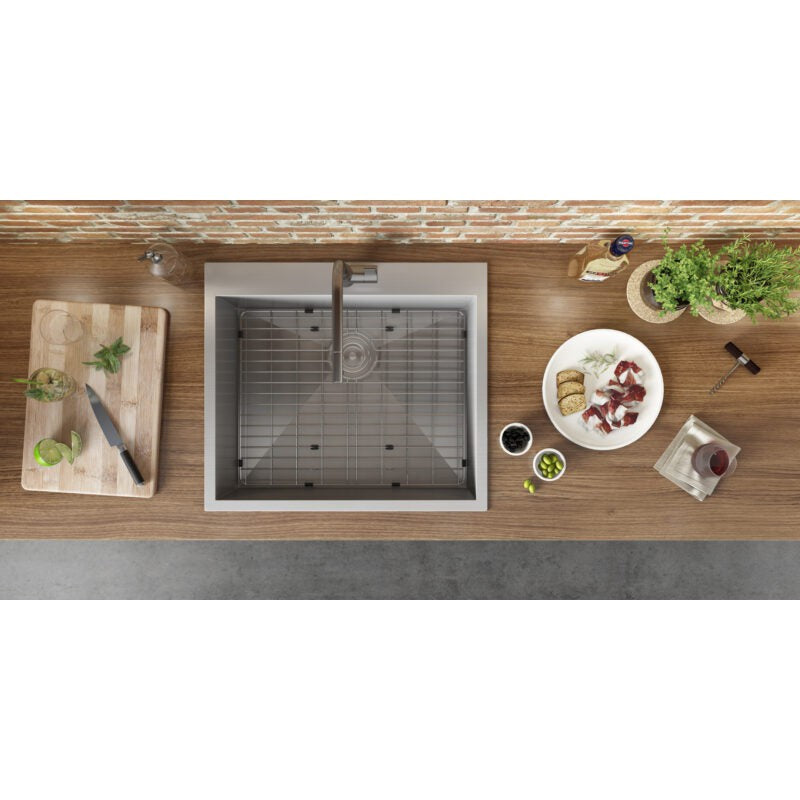 Ruvati Tirana 25” x 22" Drop-In Topmount Stainless Steel Single Bowl Kitchen Sink With Basket Strainer, Bottom Rinse Grid and Drain Assembly