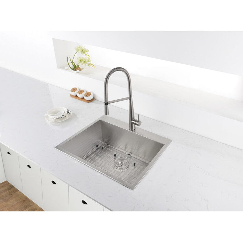 Ruvati Tirana 25” x 22" Drop-In Topmount Stainless Steel Single Bowl Kitchen Sink With Basket Strainer, Bottom Rinse Grid and Drain Assembly