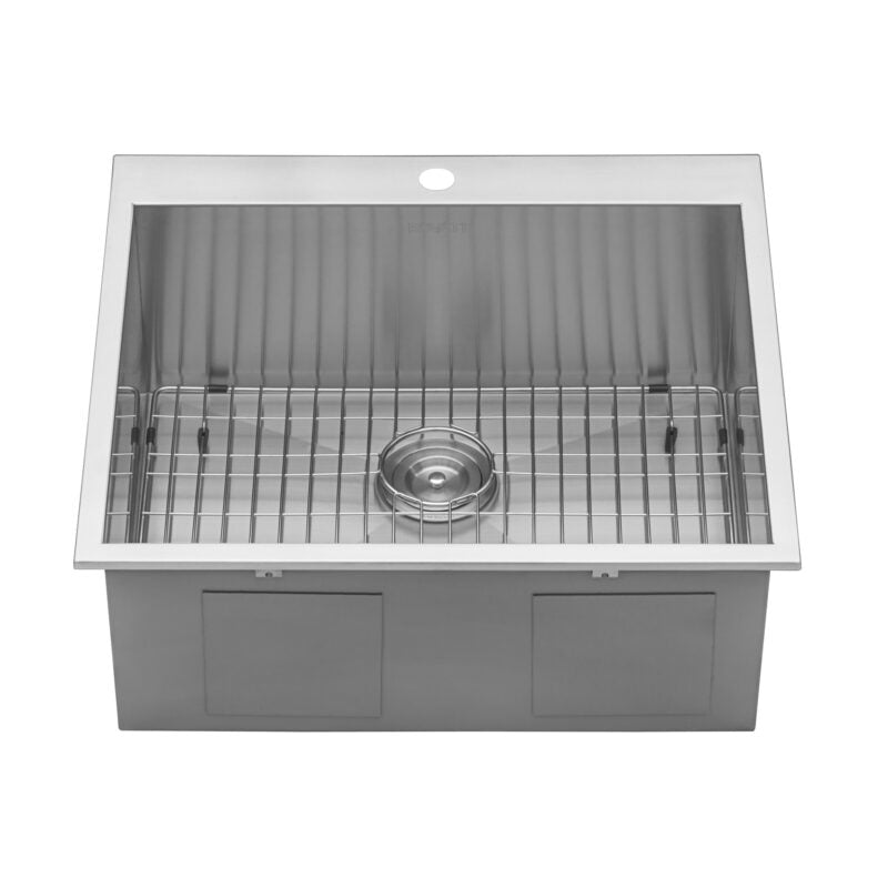 Ruvati Tirana 25” x 22" Drop-In Topmount Stainless Steel Single Bowl Kitchen Sink With Basket Strainer, Bottom Rinse Grid and Drain Assembly