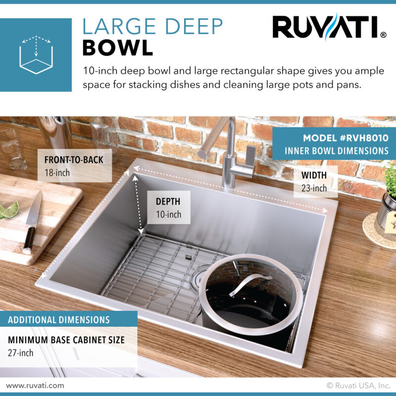 Ruvati Tirana 25” x 22" Drop-In Topmount Stainless Steel Single Bowl Kitchen Sink With Basket Strainer, Bottom Rinse Grid and Drain Assembly