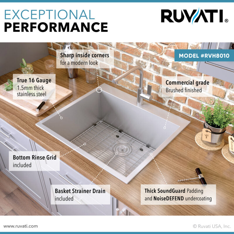 Ruvati Tirana 25” x 22" Drop-In Topmount Stainless Steel Single Bowl Kitchen Sink With Basket Strainer, Bottom Rinse Grid and Drain Assembly