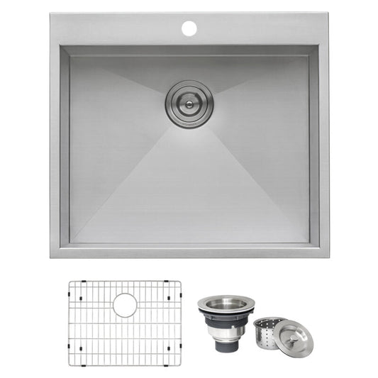 Ruvati Tirana 25” x 22" Drop-In Topmount Stainless Steel Single Bowl Kitchen Sink With Basket Strainer, Bottom Rinse Grid and Drain Assembly