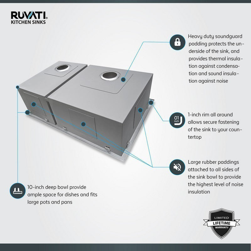 Ruvati Tirana 33” x 22" Drop-In Topmount Stainless Steel Low Divide Zero Radius 50/50 Double Bowl Kitchen Sink With 2 Faucet Holes, Basket Strainer, Bottom Rinse Grid and Drain Assembly