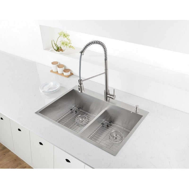 Ruvati Tirana 33” x 22" Drop-In Topmount Stainless Steel Low Divide Zero Radius 50/50 Double Bowl Kitchen Sink With 2 Faucet Holes, Basket Strainer, Bottom Rinse Grid and Drain Assembly