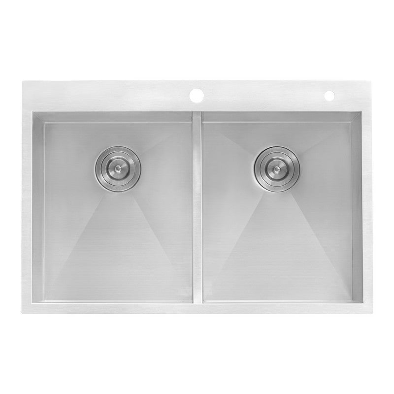 Ruvati Tirana 33” x 22" Drop-In Topmount Stainless Steel Low Divide Zero Radius 50/50 Double Bowl Kitchen Sink With 2 Faucet Holes, Basket Strainer, Bottom Rinse Grid and Drain Assembly