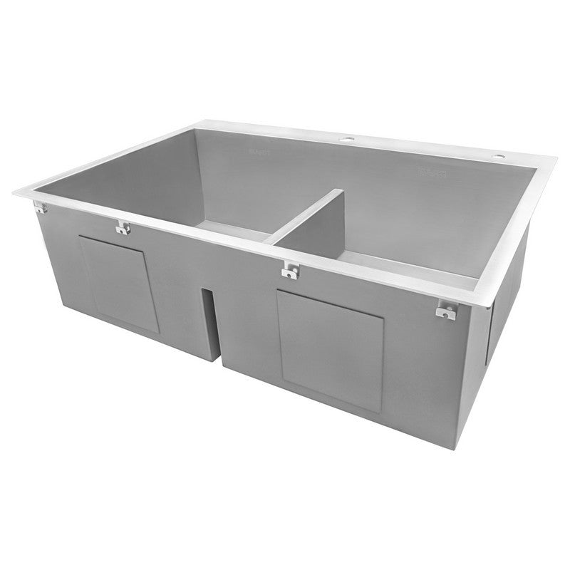 Ruvati Tirana 33” x 22" Drop-In Topmount Stainless Steel Low Divide Zero Radius 50/50 Double Bowl Kitchen Sink With 2 Faucet Holes, Basket Strainer, Bottom Rinse Grid and Drain Assembly