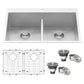 Ruvati Tirana 33” x 22" Drop-In Topmount Stainless Steel Low Divide Zero Radius 50/50 Double Bowl Kitchen Sink With 2 Faucet Holes, Basket Strainer, Bottom Rinse Grid and Drain Assembly