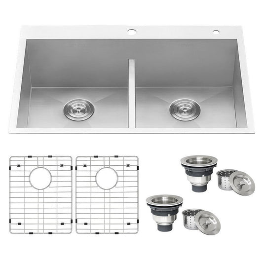 Ruvati Tirana 33” x 22" Drop-In Topmount Stainless Steel Low Divide Zero Radius 50/50 Double Bowl Kitchen Sink With 2 Faucet Holes, Basket Strainer, Bottom Rinse Grid and Drain Assembly