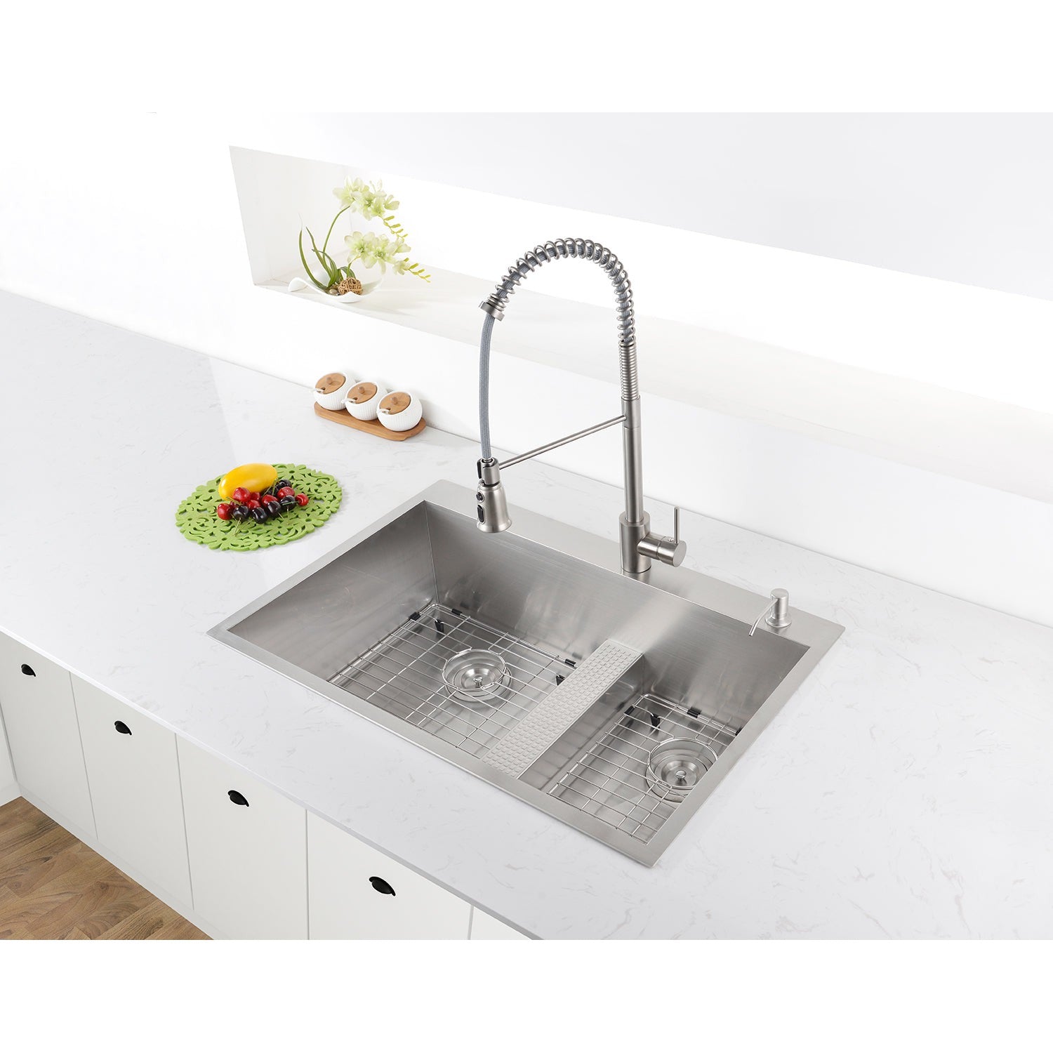 Ruvati Tirana 33” x 22" Drop-In Topmount Stainless Steel Low Divide Zero Radius 60/40 Double Bowl Kitchen Sink With 2 Faucet Holes, Basket Strainer, Bottom Rinse Grid and Drain Assembly