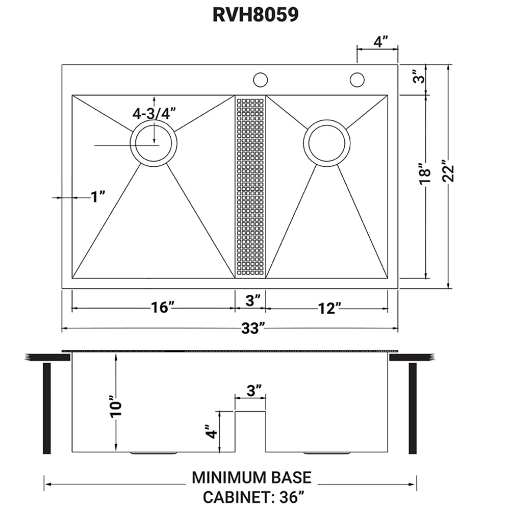 Ruvati Tirana 33” x 22" Drop-In Topmount Stainless Steel Low Divide Zero Radius 60/40 Double Bowl Kitchen Sink With 2 Faucet Holes, Basket Strainer, Bottom Rinse Grid and Drain Assembly