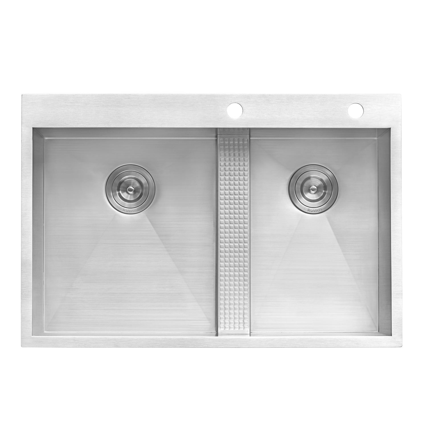 Ruvati Tirana 33” x 22" Drop-In Topmount Stainless Steel Low Divide Zero Radius 60/40 Double Bowl Kitchen Sink With 2 Faucet Holes, Basket Strainer, Bottom Rinse Grid and Drain Assembly