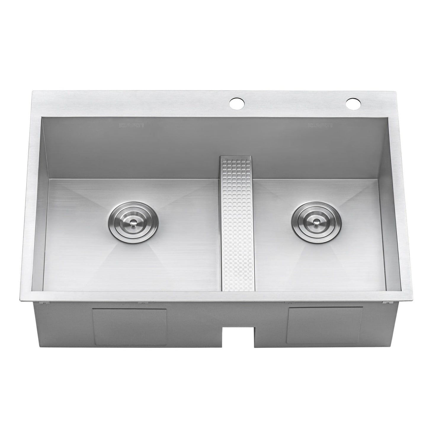 Ruvati Tirana 33” x 22" Drop-In Topmount Stainless Steel Low Divide Zero Radius 60/40 Double Bowl Kitchen Sink With 2 Faucet Holes, Basket Strainer, Bottom Rinse Grid and Drain Assembly