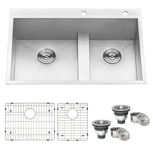Ruvati Tirana 33” x 22" Drop-In Topmount Stainless Steel Low Divide Zero Radius 60/40 Double Bowl Kitchen Sink With 2 Faucet Holes, Basket Strainer, Bottom Rinse Grid and Drain Assembly