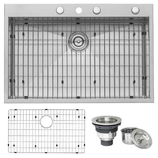 Ruvati Tirana 33” x 22" Drop-In Topmount Stainless Steel Single Bowl Kitchen Sink With 4 Faucet Holes, Basket Strainer, Bottom Rinse Grid and Drain Assembly