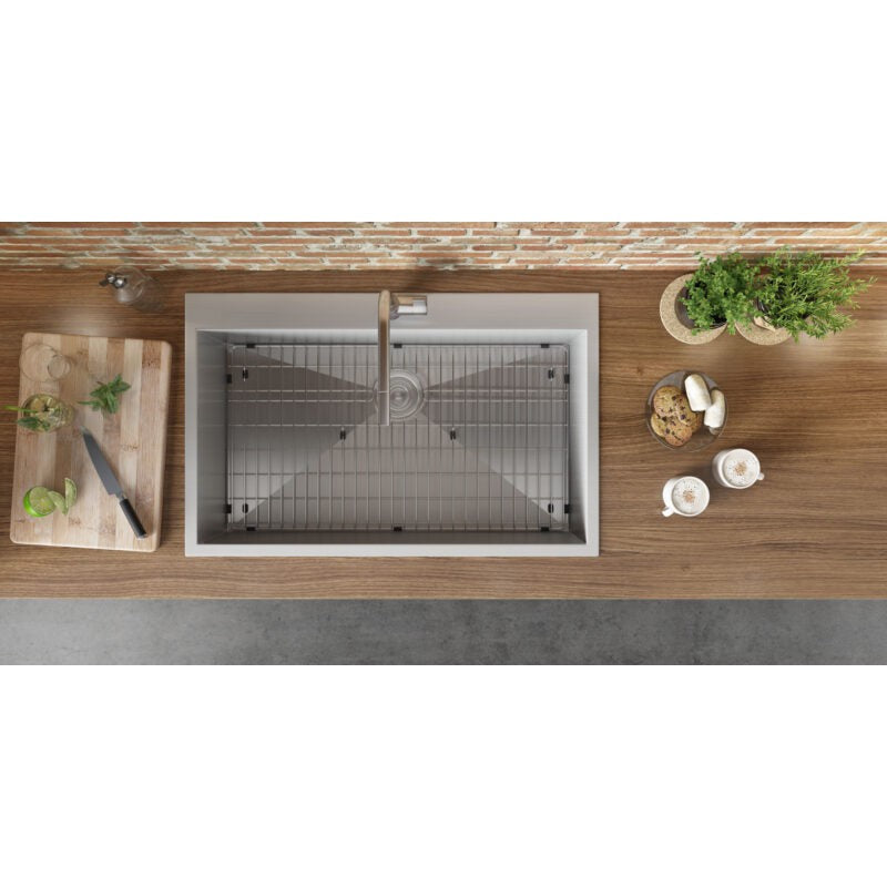 Ruvati Tirana 33” x 22" Drop-In Topmount Stainless Steel Single Bowl Kitchen Sink With Basket Strainer, Bottom Rinse Grid and Drain Assembly