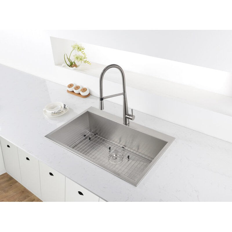 Ruvati Tirana 33” x 22" Drop-In Topmount Stainless Steel Single Bowl Kitchen Sink With Basket Strainer, Bottom Rinse Grid and Drain Assembly