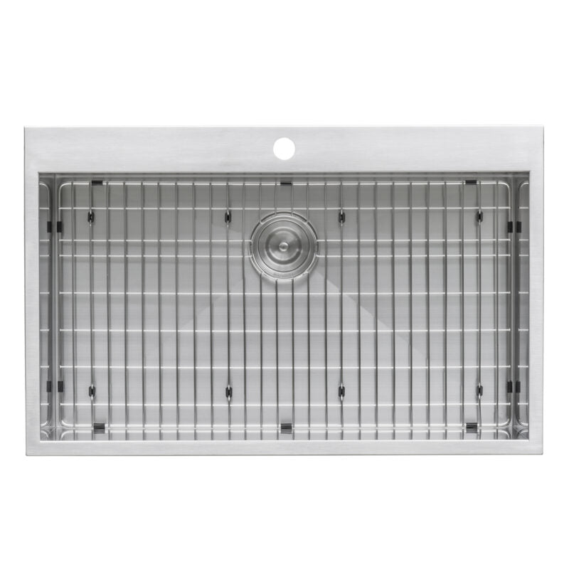 Ruvati Tirana 33” x 22" Drop-In Topmount Stainless Steel Single Bowl Kitchen Sink With Basket Strainer, Bottom Rinse Grid and Drain Assembly