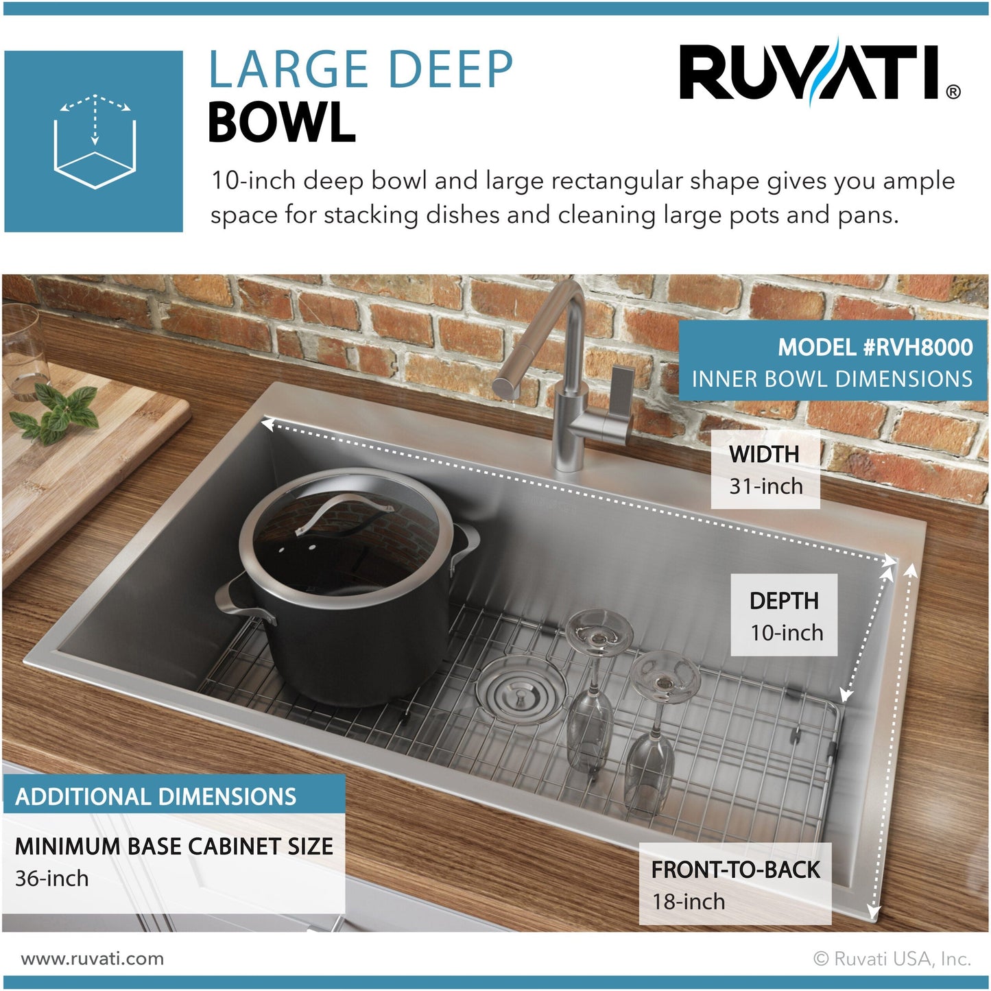 Ruvati Tirana 33” x 22" Drop-In Topmount Stainless Steel Single Bowl Kitchen Sink With Basket Strainer, Bottom Rinse Grid and Drain Assembly