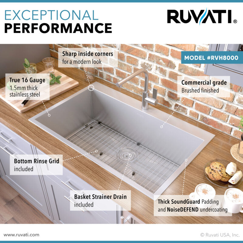 Ruvati Tirana 33” x 22" Drop-In Topmount Stainless Steel Single Bowl Kitchen Sink With Basket Strainer, Bottom Rinse Grid and Drain Assembly