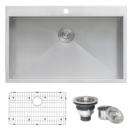 Ruvati Tirana 33” x 22" Drop-In Topmount Stainless Steel Single Bowl Kitchen Sink With Basket Strainer, Bottom Rinse Grid and Drain Assembly