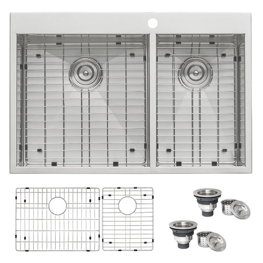 Ruvati Tirana 33” x 22" Drop-In Topmount Stainless Steel Zero Radius 60/40 Double Bowl Kitchen Sink With Basket Strainer, Bottom Rinse Grid and Drain Assembly