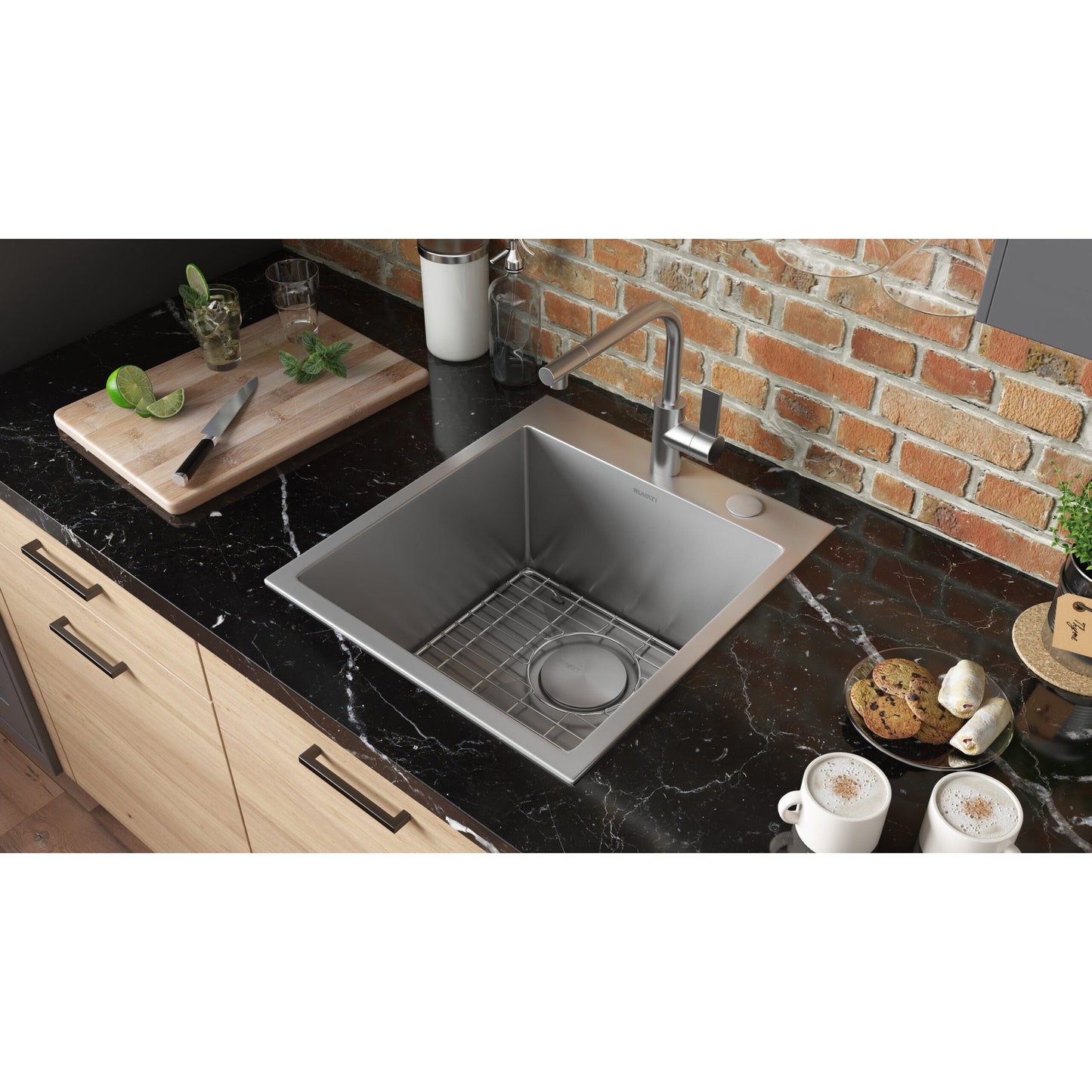 Ruvati Tirana Pro 18” x 20" Drop-In Topmount Stainless Steel Rounded Single Bowl Kitchen Sink With 2 Faucet Holes, Basket Strainer, Bottom Rinse Grid and Drain Assembly