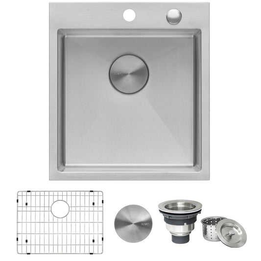 Ruvati Tirana Pro 18” x 20" Drop-In Topmount Stainless Steel Rounded Single Bowl Kitchen Sink With 2 Faucet Holes, Basket Strainer, Bottom Rinse Grid and Drain Assembly
