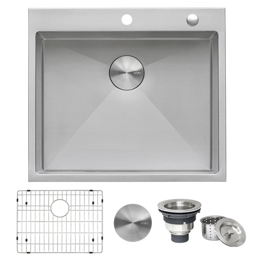 Ruvati Tirana Pro 21” x 20" Drop-In Topmount Stainless Steel Rounded Single Bowl Kitchen Sink With 2 Faucet Holes, Basket Strainer, Bottom Rinse Grid and Drain Assembly