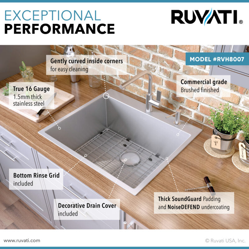 Ruvati Tirana Pro 25” x 22" Drop-In Topmount Stainless Steel Tight Radius Single Bowl Kitchen Sink With 2 Faucet Holes, Basket Strainer, Bottom Rinse Grid and Drain Assembly