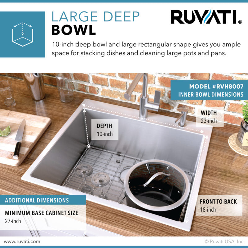 Ruvati Tirana Pro 25” x 22" Drop-In Topmount Stainless Steel Tight Radius Single Bowl Kitchen Sink With 2 Faucet Holes, Basket Strainer, Bottom Rinse Grid and Drain Assembly